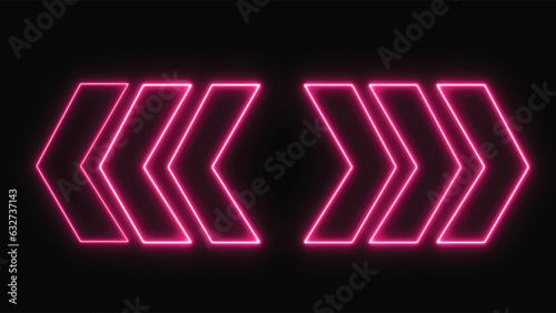 Left and right glowing neon direction at night. Lighting sparrow sign. neon left direction in the night. Flashing direction indicators.