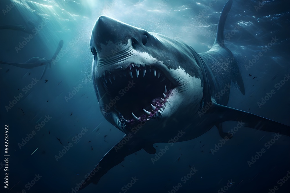 Obraz premium Wild aggressive shark swimming towards the camera, wildlife, shark attack, underwater
