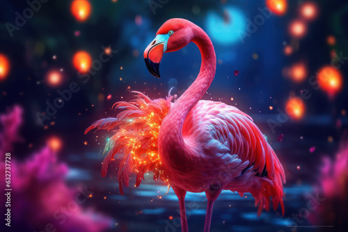 pink flamingo on a blue background. bright graceful bird. illustration glows with lights.