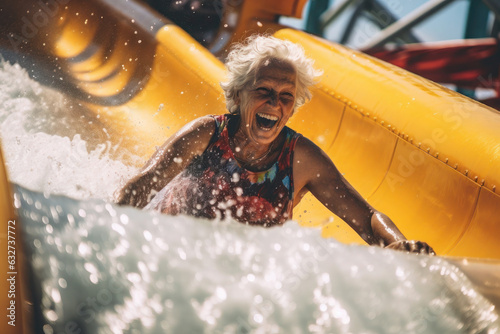 an old woman is rolling down a water slide. grandmother swims in the pool and laughs. active old age and pensioner.
