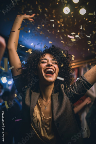 girl with curly hair laughs at a party. confetti, and fireworks. night dancing.