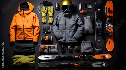 Knolling layout of full skiing clothes and equipment for winter, distributed on the floor, birds eye perspective