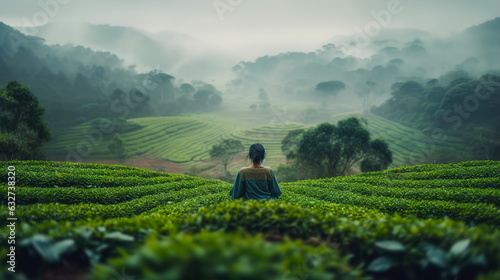 A woman with a calm state in the lotus position sits in the middle of a tea plantation.