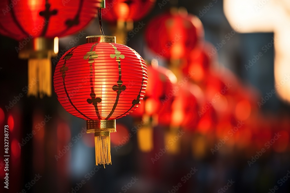 Fototapeta premium close-up of vibrant red lanterns adorning street .
