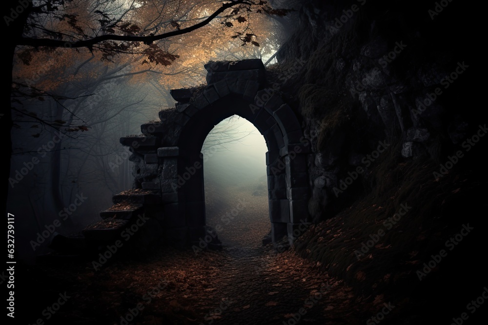 Obraz premium A nighttime vista of a mystery woodland that seems like it may be from a dream. Generative AI