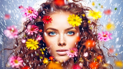 Close-up portrait of a young woman with flowing hair and colored flowers curling around her.