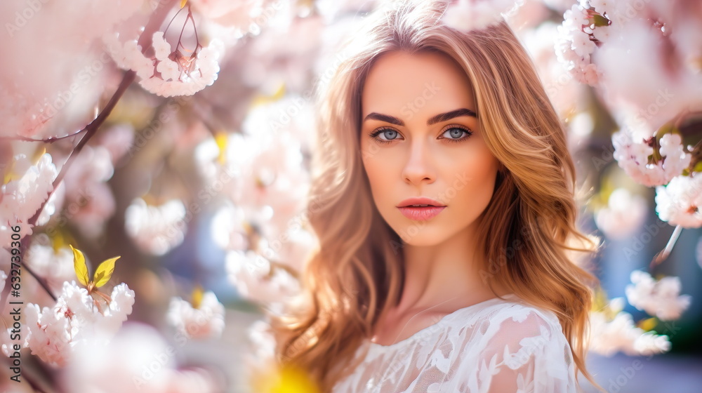 Portrait of a young woman with long blond hair against the backdrop of a blooming sakura garden, in a gentle color rendering of natural light. Portrait of a young woman with long blond hair against the backdrop of a blooming sakura garden, in a gentle color rendering of natural light.