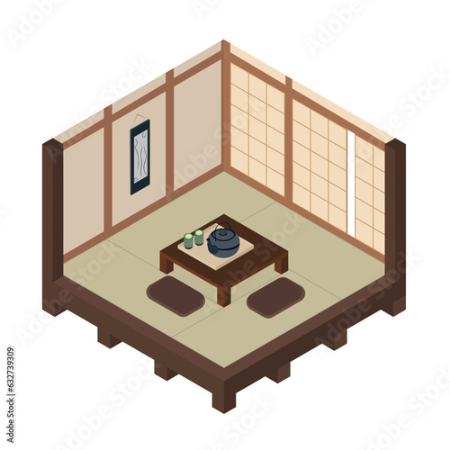 Canvas Print isometric japanese style wooden house with tatami and tea table, inside view