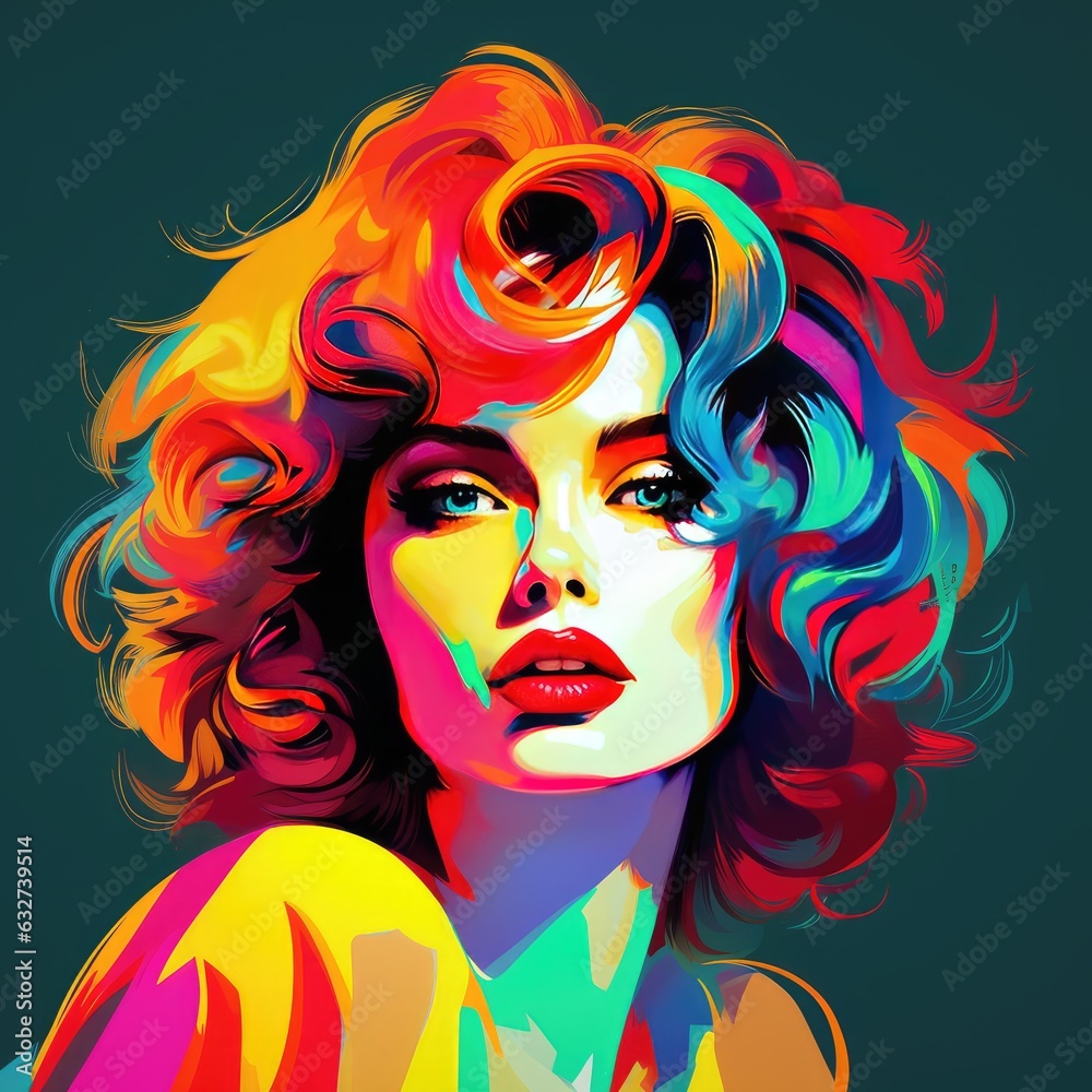  Female character with bright colors and bold makeup that gives the impression of living pop art, pop art style