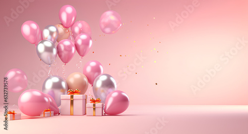 Colorful balloons on light pink soft pastel background. Card for wedding, valentine's day, christmas, birthday, woman's day, mother's day., generative AI