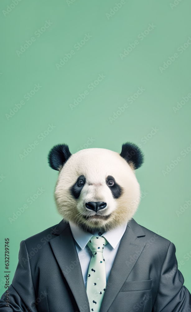 Panda bear in smart business suit and tie, looking serious businessman. Vertical banner with copy space above. Generative AI Panda bear in smart business suit and tie, looking serious businessman. Vertical banner with copy space above. Generative AI