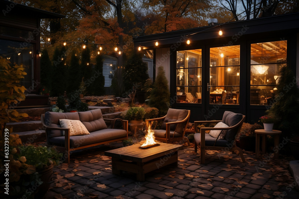 Fototapeta premium luxury modern cozy backyard setup, autumn backyard with sofas, cushions, fireplace, bonfire, lights, a very welcoming and cozy place to hang out with friends and family, banner with copy space