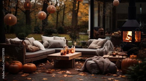 luxury modern cozy backyard setup, autumn backyard with sofas, cushions, fireplace, bonfire, lights, a very welcoming and cozy place to hang out with friends and family, banner with copy space photo