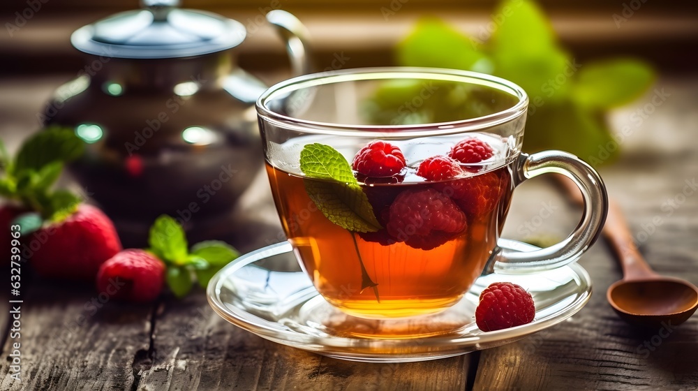 Red fruit tea with raspberry and mint. Raspberry tea wooden background. Selective focus. Red fruit tea with raspberry and mint. Raspberry tea wooden background. Selective focus.