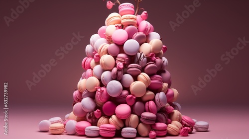 Sweets on the tree. Macaroons and chocolate are hung on the branches. Barbie style pink cakes. Almond biscuits with strawberry flavor. Confectionery or bakery advertising banner concept. photo