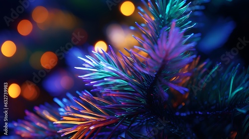Christmas tree branches with colorful lights on bokeh background, close up