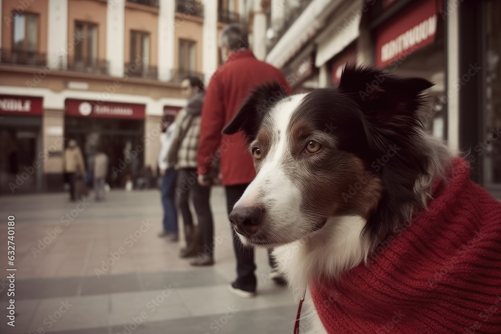 a picture of a red border collie on vacation exploring the city's streets. Generative AI