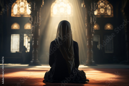 Faithful Muslim woman in prayer at the mosque