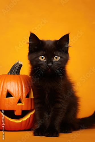 British cute black kitten with pumpkin jack o lantern on bright orange background. Halloween autumn concept. Background with copy space