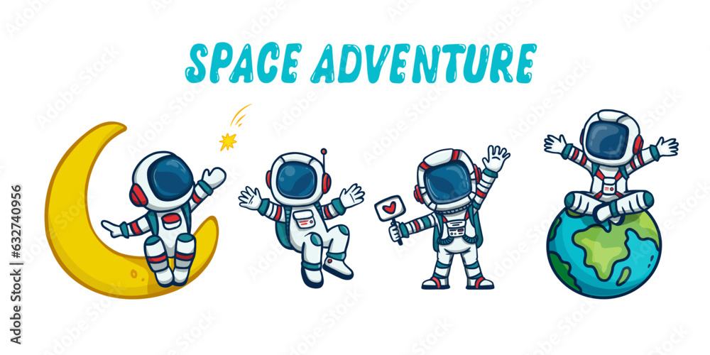 Fototapeta premium set of cartoon astronauts isolated on white background. Doodle style, for book. 