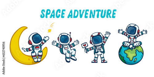 set of cartoon astronauts isolated on white background. Doodle style, for book. 