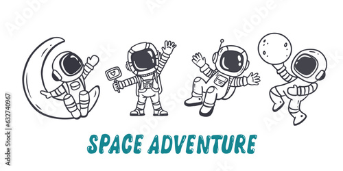 set of cartoon astronauts isolated on white background. Doodle style,for book. Coloring page. Vector illustration