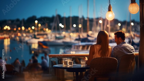 summer night in Yacht harbor blurred sea and city light reflection people silhouette relax in cafe on promenade