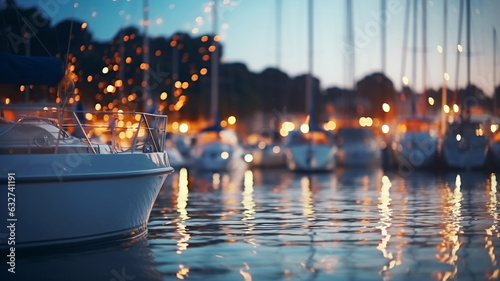 summer night in Yacht harbor blurred sea and city light reflection people silhouette relax in cafe on promenade