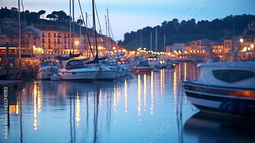 summer night in Yacht harbor blurred sea and city light reflection people silhouette relax in cafe on promenade