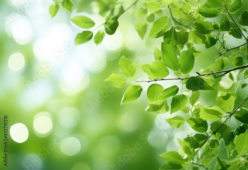 Fresh green leaves on blurred greenery background with bokeh effect