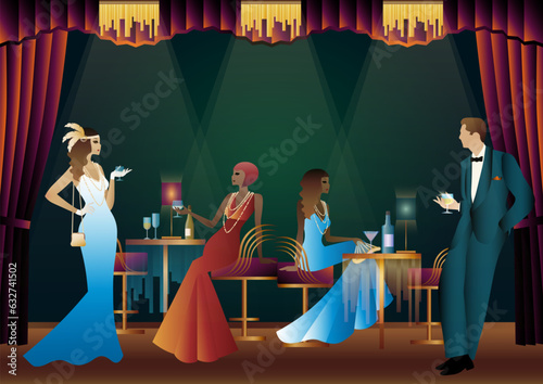 People in a restaurant in the style of the early 20th century. Retro party invitation card. art deco style. vector illustration.