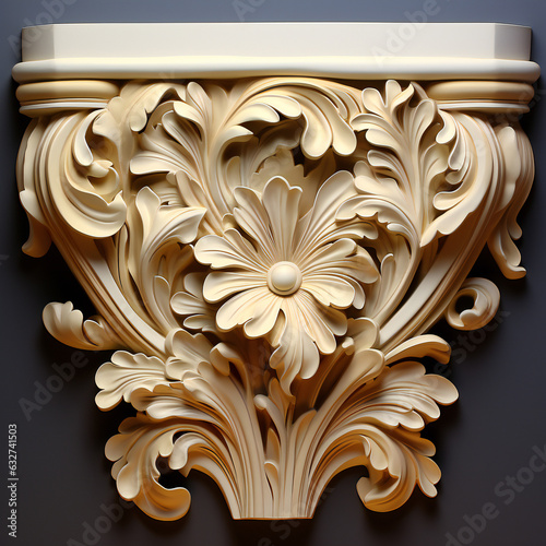 architectural column capitals, made in baroque style with many elements, leaves, flowers, patterns on dark background photo