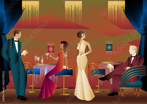 People in a restaurant in the style of the early 20th century. Retro party invitation card. art deco style. vector illustration.