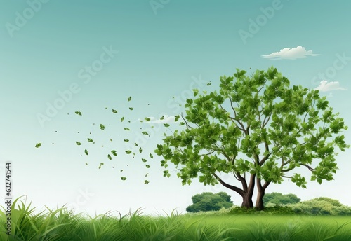 Tree with green grass and blue sky background. Vector illustration photo