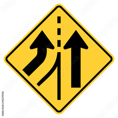 Vector graphic of a usa added lane left highway sign. It consists of two black arrows merging from the left within a black and yellow square tilted to 45 degrees