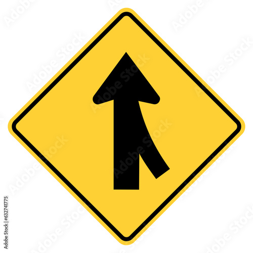Vector graphic of a usa merge ahead highway sign. It consists of two black arrows merging vertically within a black and yellow square tilted to 45 degrees