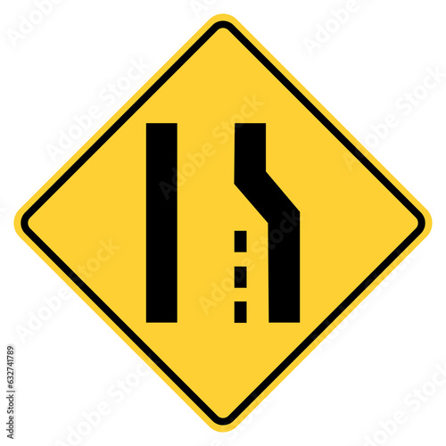 Vector graphic of a usa right lane ends highway sign. It consists of a black road narrowing from two lanes to one within a black and yellow square tilted to 45 degrees