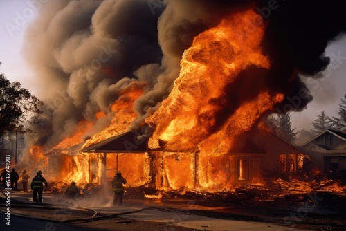 Firefighters extinguish a fire in a house during a fire. American houses on fire and firefighters trying to stop the fire, AI Generated