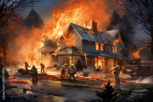 firefighters extinguish a fire in the house. 3d illustration, American houses on fire and firefighters trying to stop the fire, AI Generated