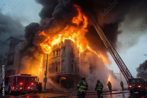 Firefighters extinguish a fire in the city of Bucharest, Romania. American large building is on fire and firefighters are trying to stop the fire, AI Generated