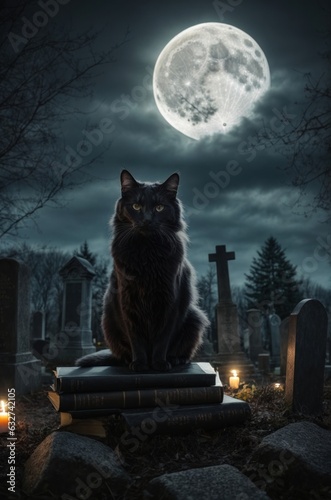 Black cat at night under the full moon in the cemetery