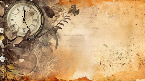 Charming Clock and Leaves Motif  Vintage Themed Scrapbooking Paper Design by Generative AI  Perfect Space for Personalized Messages