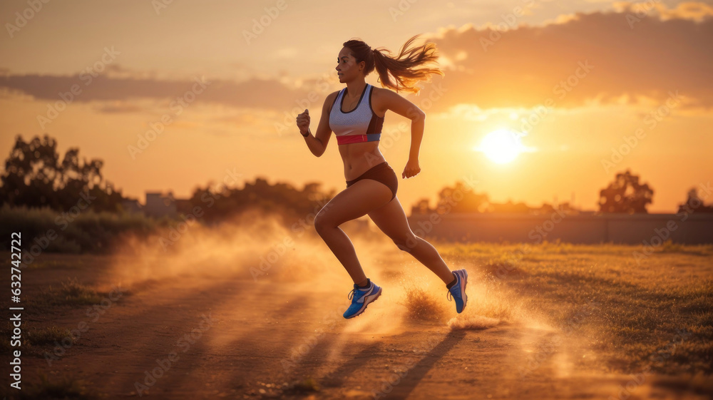 woman running in the sunset, dust , extreme condition