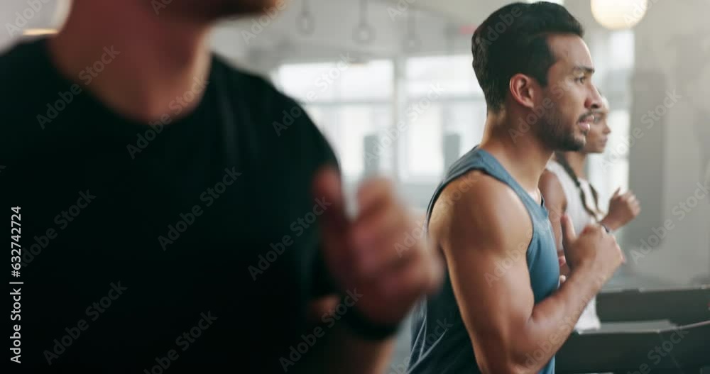 Exercise, fitness and people running on a treadmill at gym for training and wellness. Athlete group or men together for cardio workout on machine for health, speed and performance or focus