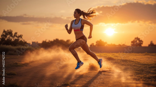 woman running in the sunset  dust   extreme condition