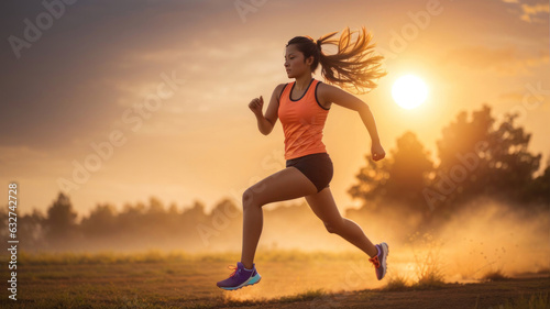 woman athlete running in the field at sunset, dramatic lighting, jumping, motion freeze