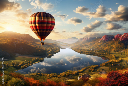 picturesque scene of a hot air balloon gently landing in a stunning natural landscape, surrounded by beauty Generative AI