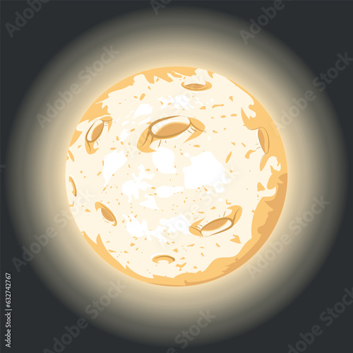 drawing of a full moon, glow and craters on the surface