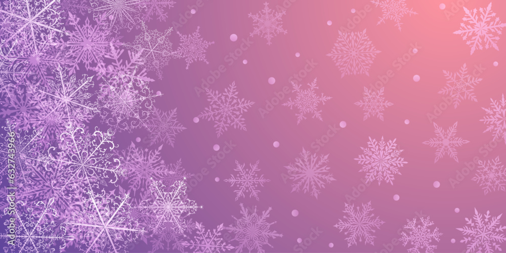 Christmas background of beautiful complex snowflakes in purple colors. Winter illustration with falling snow