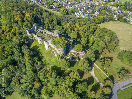 Aerial view of the Dorneck Castle ruins in Dornach town, Canton Solothum near Basel, Switzerland